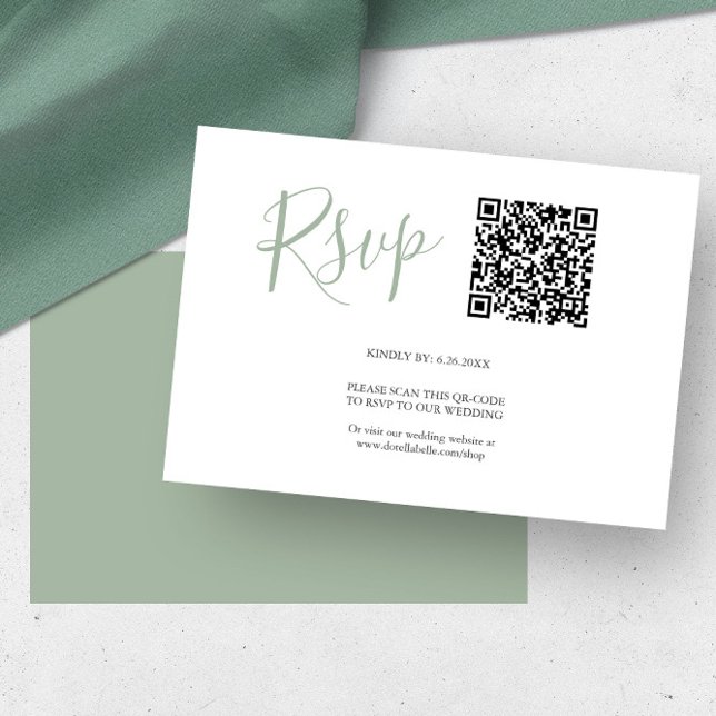QR code RSVP Cards Sage Green (Wedding rsvp cards with qr-code sage green by Victoria Grigaliunas of Do Tell A Belle)