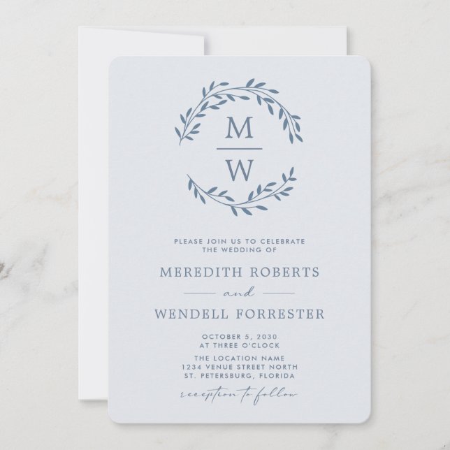 QR Code RSVP Dusty Blue Monogram Wreath Wedding In Invitation (Front)