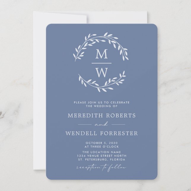 QR Code RSVP Dusty Blue Monogram Wreath Wedding Invitation (Front)