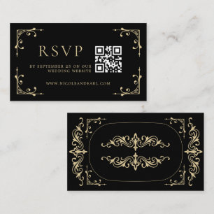 Qr Code RSVP Elegant Deco Gold Black Retro Wedding Enclosure Card