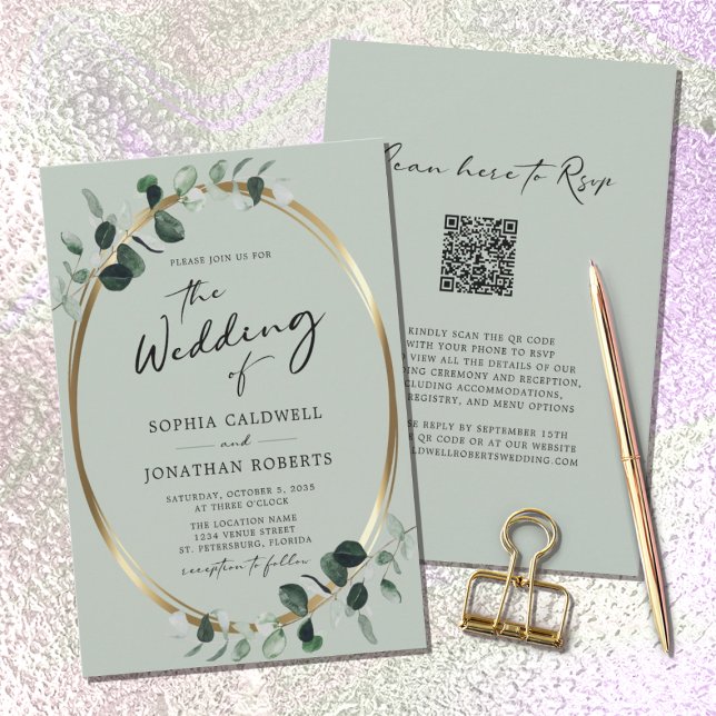 QR Code RSVP Eucalyptus Calligraphy Sage Wedding Invitation (Creator Uploaded)