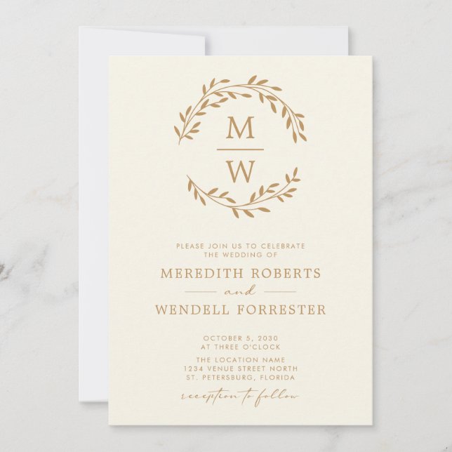 QR Code RSVP Gold on Cream Monogram Wreath Wedding Invitation (Front)