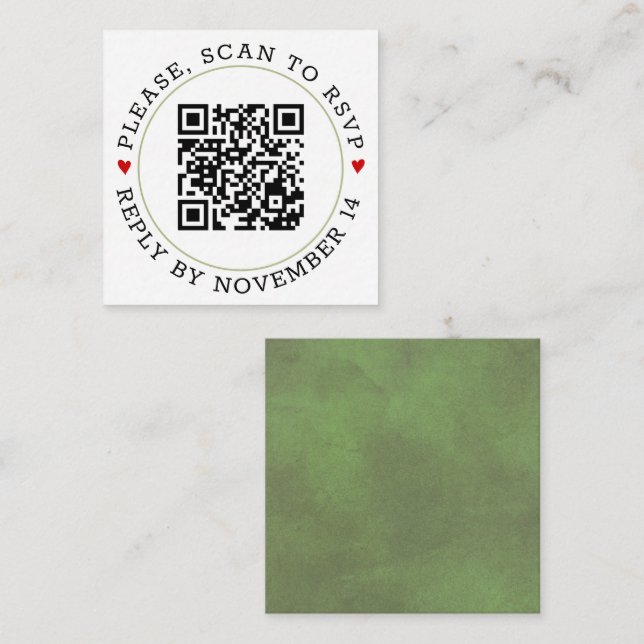 QR code RSVP green border and hearts wedding Enclosure Card (Front/Back)