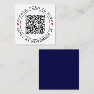 QR code RSVP navy blue border and hearts wedding Enclosure Card