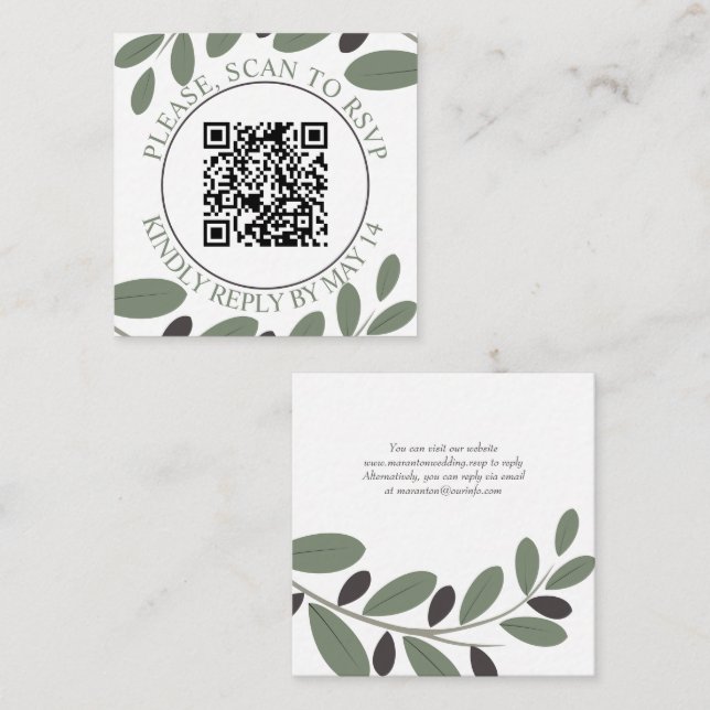 QR code RSVP, Olive branch Mediterranean wedding Enclosure Card (Front/Back)