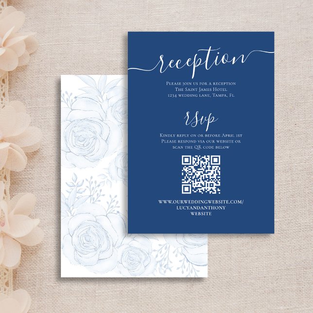 QR Code RSVP Online Blue Floral Reception Details Enclosure Card (Wedding Reception and RSVP enclosure card with a Scannable QR Code. )