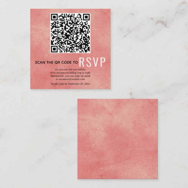 QR code RSVP stained coral pink wedding Enclosure  Card (Front/Back)