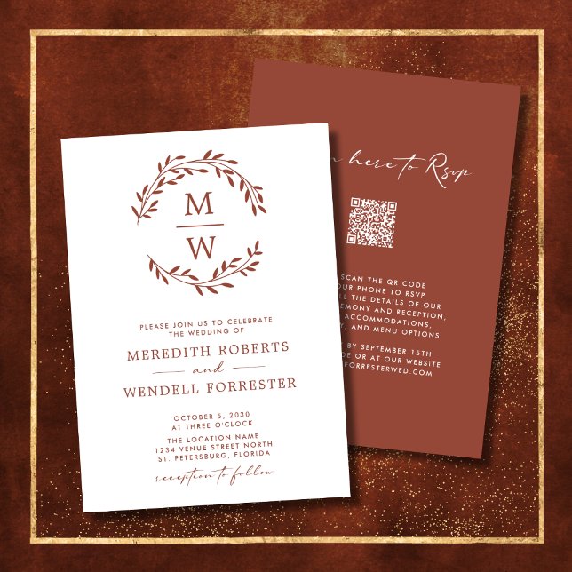 QR Code RSVP Terracotta Monogram Wreath Wedding Invitation (Terracotta Monogram Wreath QR Code RSVP Double Sided Wedding Invitation)