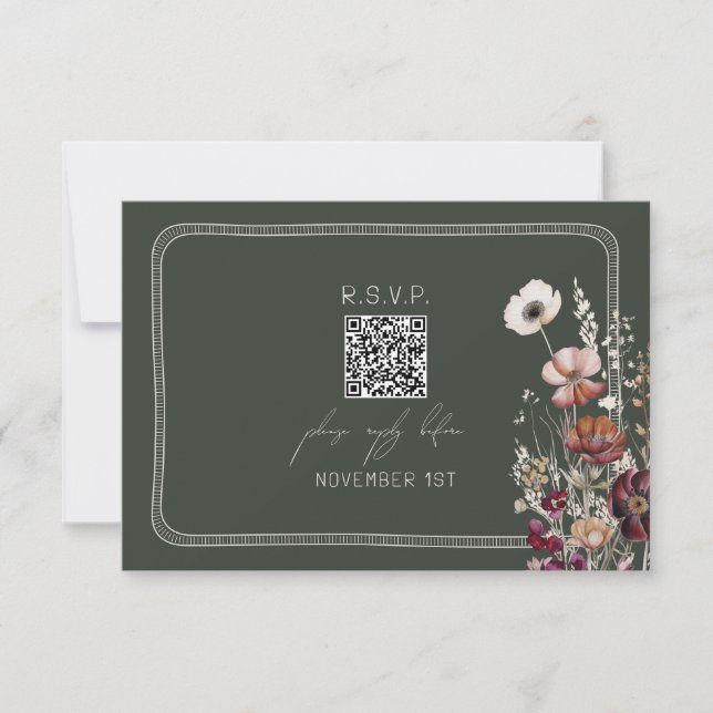 QR Code Rustic Anemone Floral Green Wedding RSVP (Front)