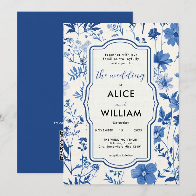 QR code Rustic Blue Wildflower Wedding Invitation  (Front/Back)