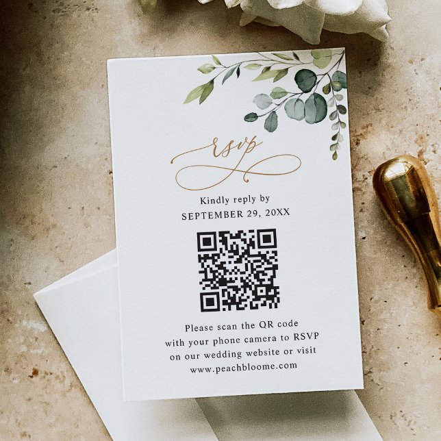 QR Code Rustic Eucalyptus Greenery Gold Wedding RSVP Card (Creator Uploaded)