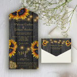 QR code rustic gold sunflower barn wood wedding  All In One Invitation<br><div class="desc">Elegant chic summer or autumn fall wedding stylish budget all in one invitation template with scanning QR CODE to online RSVP and details on dark brown barn wood featuring a beautiful sunflowers bouquet and strings of twinkle lights. The invitation is suitable for modern elegant rustic country outdoor backyard, barn, or...</div>