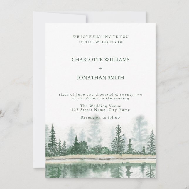 QR Code Rustic Mountain Forest Watercolor Wedding Invitation (Front)