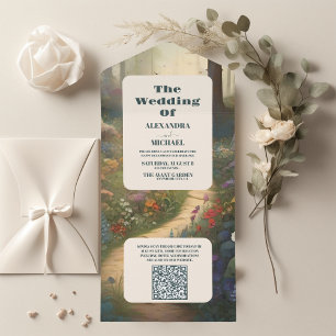 QR Code Rustic Mountain Woodland Forest Wedding All In One Invitation
