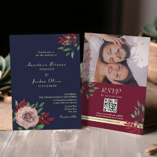 QR Code Rustic Navy Burgundy Wedding Invitation