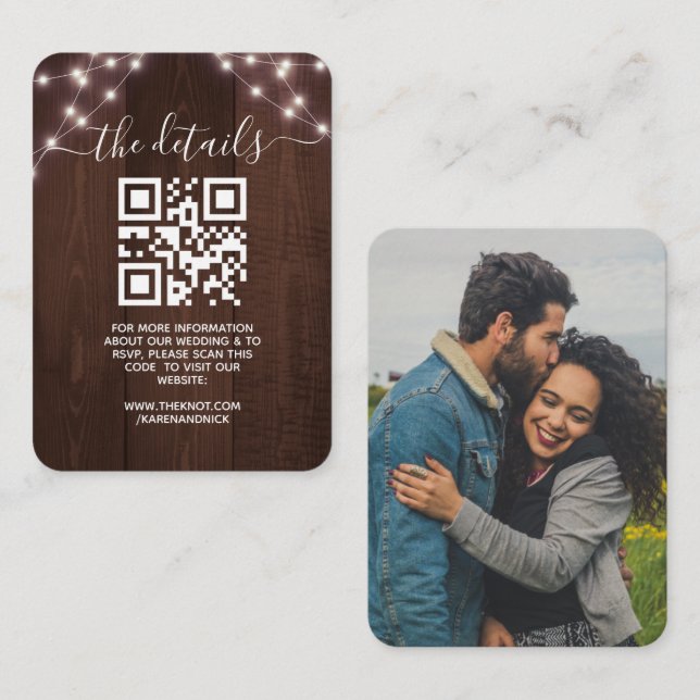 QR Code Rustic String Lights Wedding Information Enclosure Card (Front/Back)