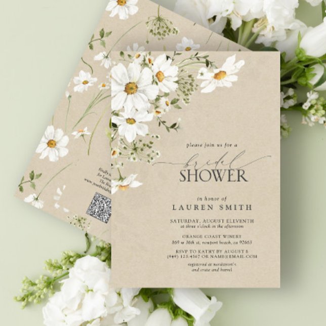 QR Code Rustic Watercolor Daisy Bridal Shower Invitation (Creator Uploaded)