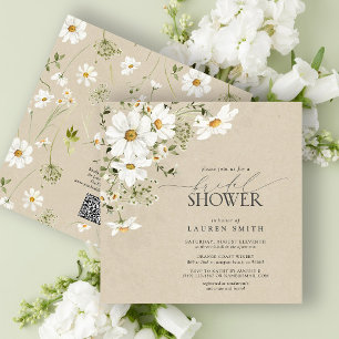 QR Code Rustic Watercolor Daisy Bridal Shower Invitation