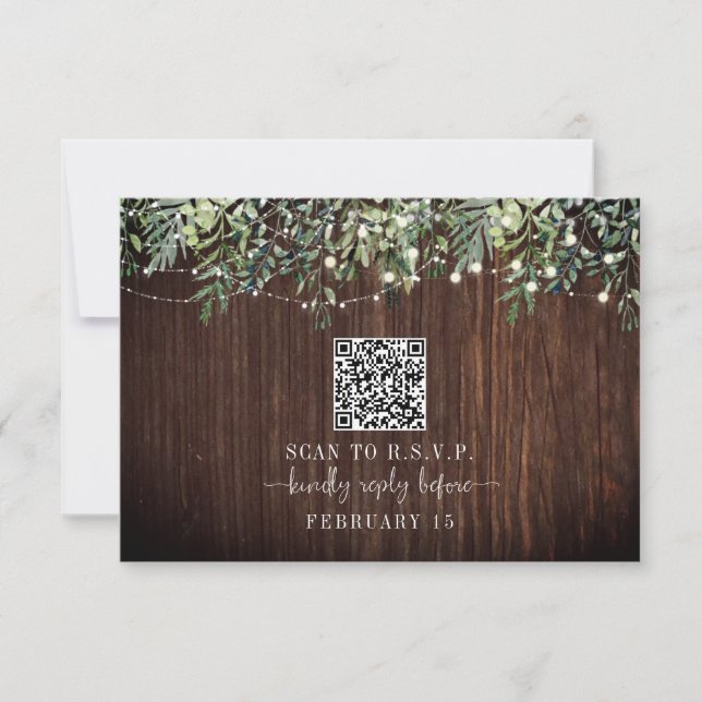 QR Code Rustic Wood Botanical Wedding RSVP (Front)