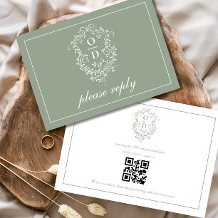 QR Code Sage Green Crest Monogram Wedding RSVP Card