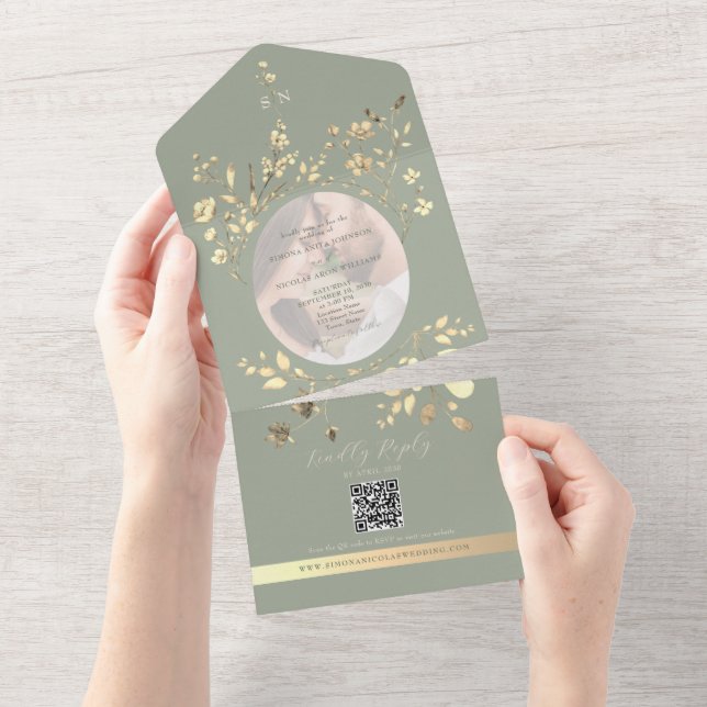 QR Code Sage Green Gold Floral Wedding All In One Invitation (Tearaway)