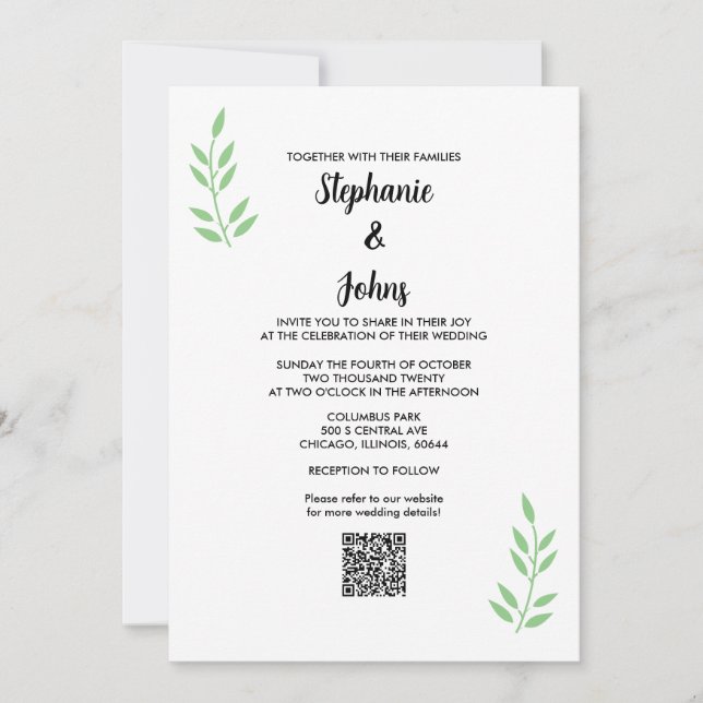 QR Code Sage Green Leaf Black Script Wedding Invitation (Front)