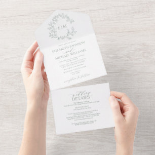 QR Code Sage Green Leafy Crest Monogram Wedding All In One Invitation