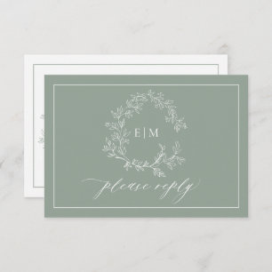 QR Code Sage Green Leafy Crest Monogram Wedding RSVP Card