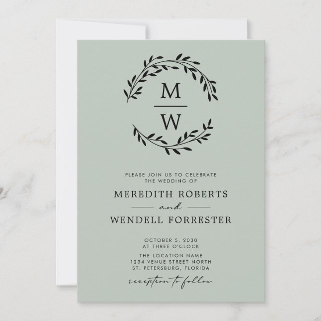 QR Code Sage Green Monogram Wreath Wedding Invitation (Front)