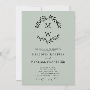 QR Code Sage Green Monogram Wreath Wedding Invitation