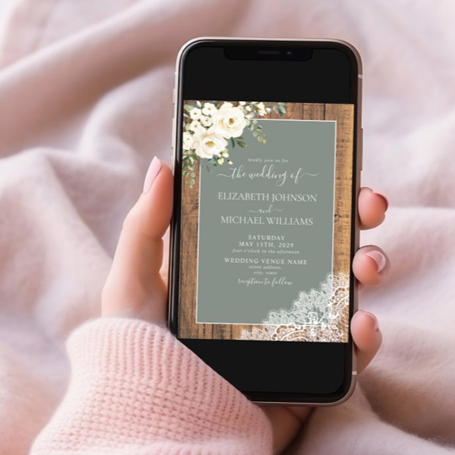QR Code Sage Green Rustic Wood Script Wedding Invi Invitation (Creator Uploaded)