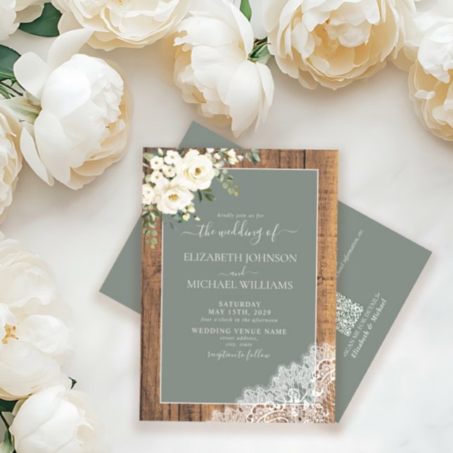 QR Code Sage Green Rustic Wood Script Wedding Invitation (Creator Uploaded)