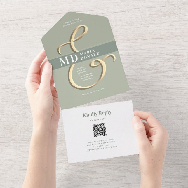 QR Code Sage Green Wedding All In One Invitation (Tearaway)