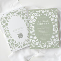QR Code Sage Green White Folk Floral Bridal Shower