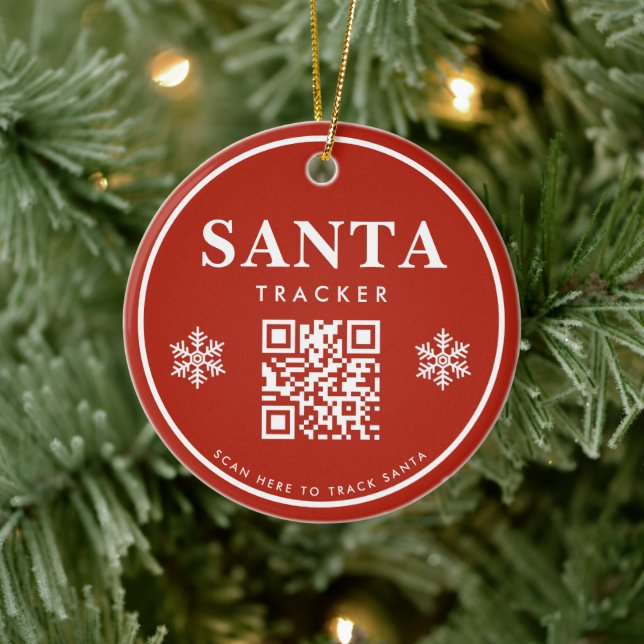 QR Code Santa Tracker Kids Modern Red Christmas Ceramic Ornament (Tree)