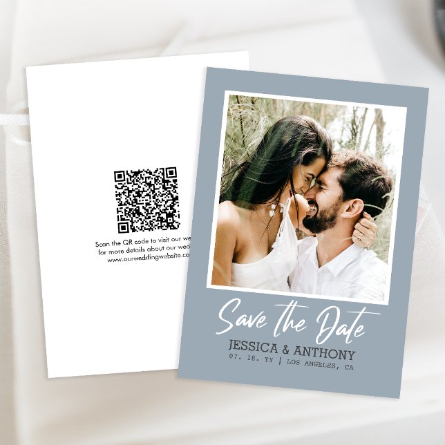 QR Code Save The Date Dusty Blue Photo Wedding Invitation (Save time and reduce wedding planning stress with this QR code Save the Date card.)