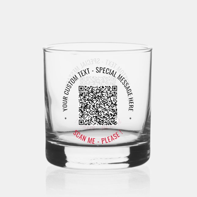 QR Code Scan Info and Custom Text Whiskey Glass (Front)