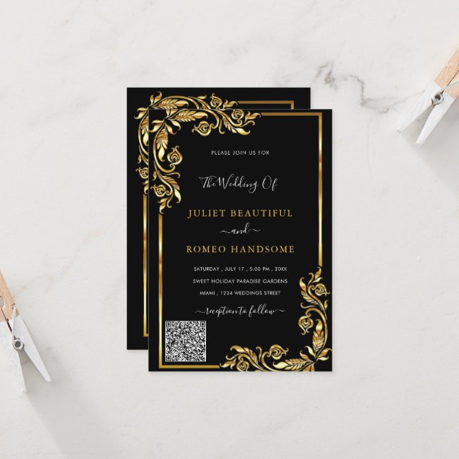 QR Code Scan Info Black Gold Wedding Invitation (Front/Back In Situ)