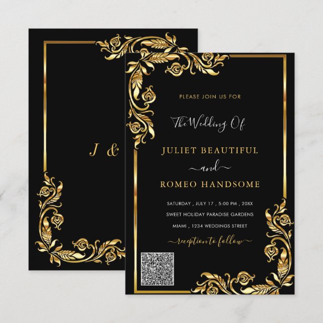 QR Code Scan Info Black Gold Wedding Invitation (Front/Back)