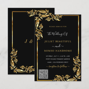 QR Code Scan Info Black Gold Wedding Invitation
