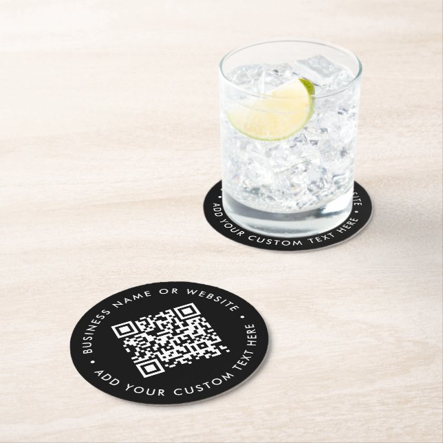 QR Code | Scan Me Black Modern Stylish Business Round Paper Coaster (Insitu)