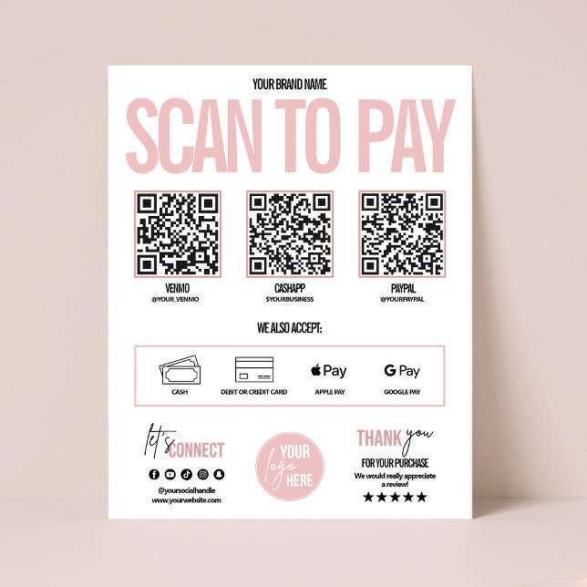 QR Code Scan to Pay Payment Sign Venmo, Cashapp (QR code scan to pay business payment sign, Venmo payment sign)