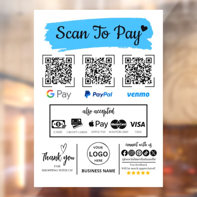 QR Code Scan to Pay Venmo Paypal Google Pay  Window Cling (Sheet 2)