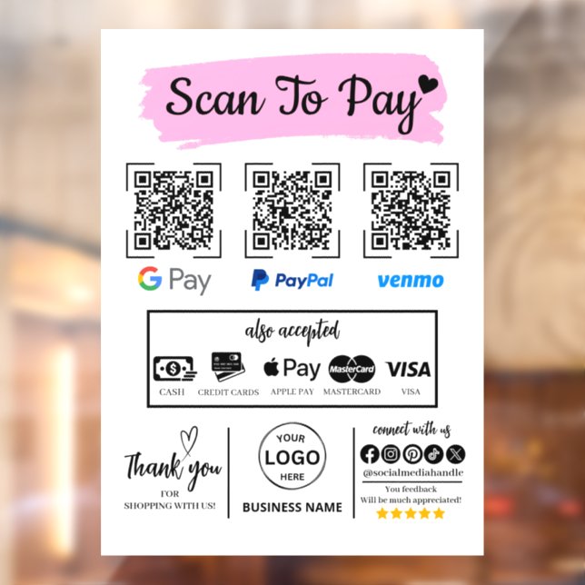 QR Code Scan to Pay Venmo Paypal Google Pay  Window Cling (Sheet 2)