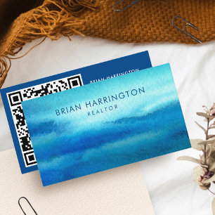QR Code Scannable Blue Watercolor Coastal Trendy Business Card
