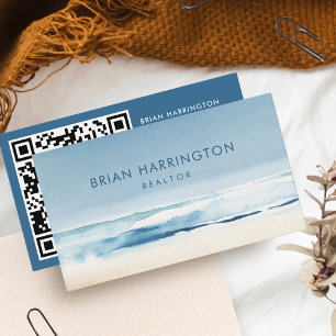 QR Code Scannable Watercolor Coastal Blue Beach Business Card