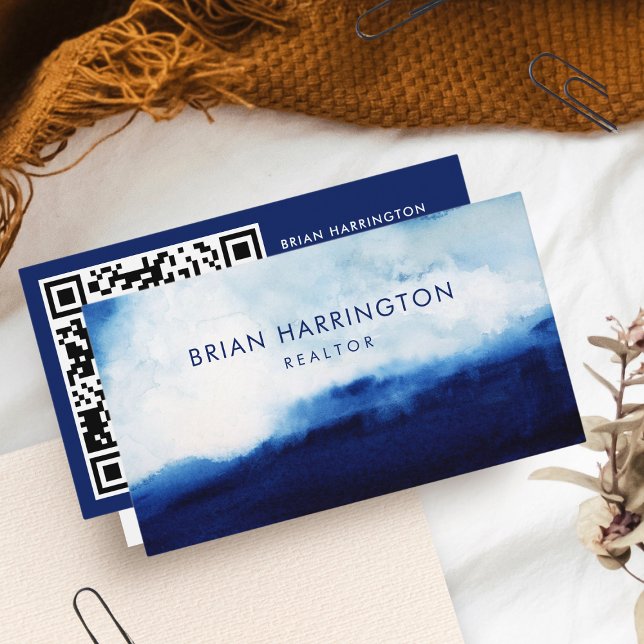 QR Code Scannable Watercolor Moody Navy Blue Business Card (Creator Uploaded)