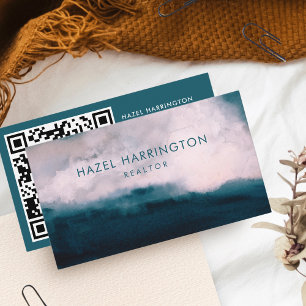 QR Code Scannable Watercolor Moody Teal Pink Business Card