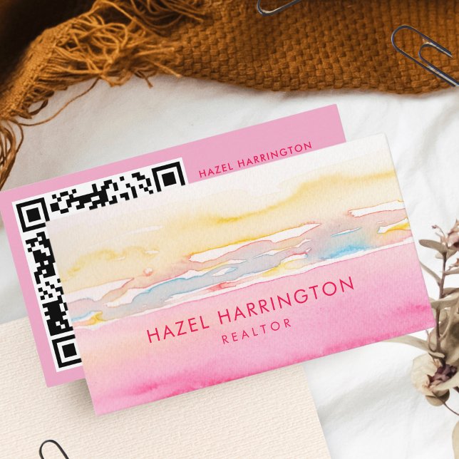 QR Code Scannable Watercolor Pink Pastel Yellow Business Card (Creator Uploaded)