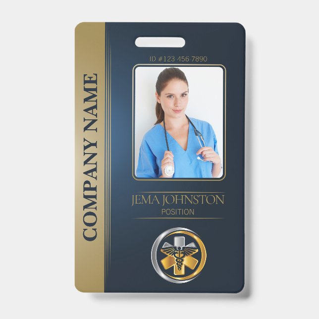 QR Code Security ID Blue & Gold Employee Photo Badge (Front)